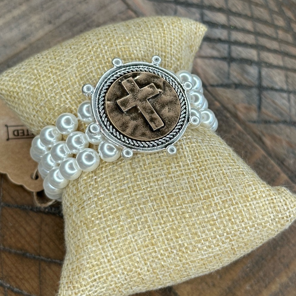 Pearl Beaded Bracelet with Cross Medallion